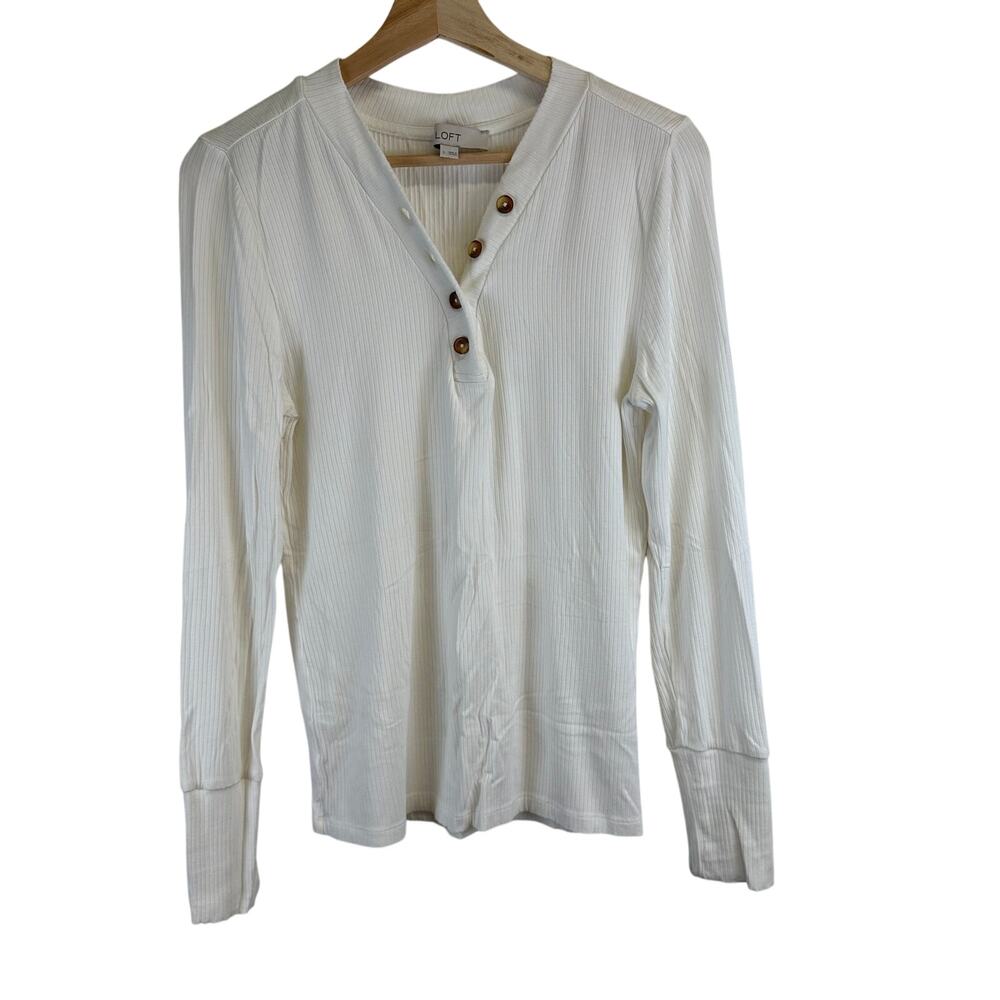 Loft White Button V Neck Long Sleeve Ribbon Casual Shirt Womens Size Large